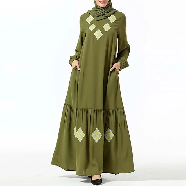 Army green dress Vestidos кафтан арабский абайя Дубай хиджаб мусульманское платье для женщин вышивка с длинным рукавом арабский Свободный Плюс Размер турецкая исламская одежда - Цвет: Army green dress