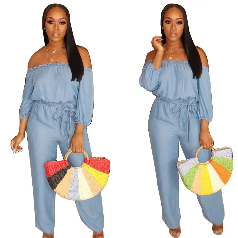 

Women Solid Color Jumpsuit Simple Style Autumn New Style Sexy Off Shoulder Sashes Fashion Wide Leg Rompers