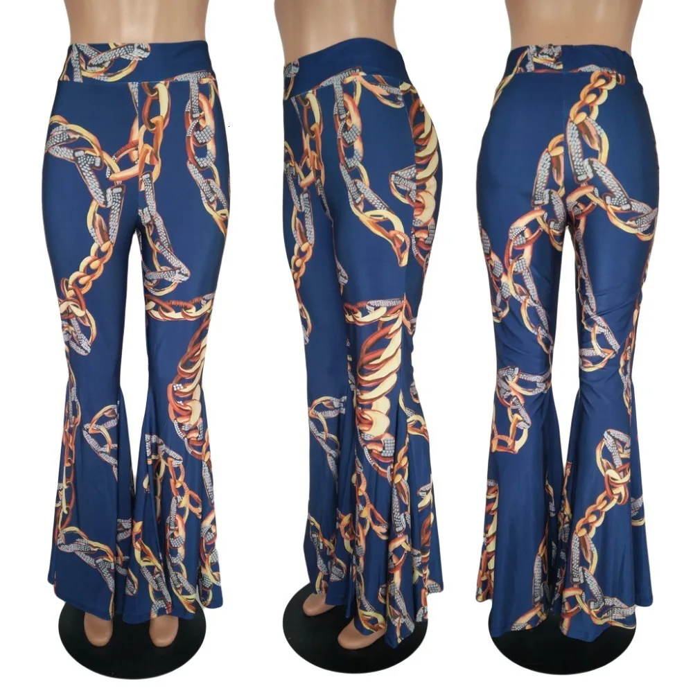 Женские Темно-синие брюки с высокой талией и принтом в виде золотой цепочки, женские осенние винтажные уличные Pantalon с эластичной резинкой на талии