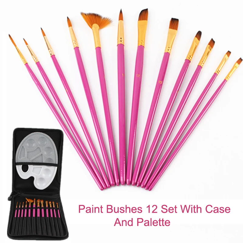 Кисти для красок, 12 шт., профессиональная нейлоновая кисть с круглым острым кончиком для рисования волос, акриловая кисть для акварели, масляная краска, чехол, палитра