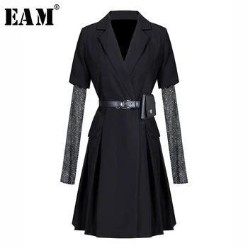 

[EAM] Women Black Rhinestone Split Joint Suit Dress New Lapel Long Sleeve Loose Fit Fashion Tide Spring Autumn 2020 1S548
