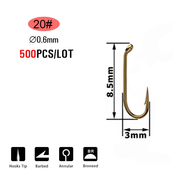 ICERIO 500/1000 шт. Крючок для завязывания мух сухой мокрой Nymph креветки Caddis Pupa стример из углеродистой стали рыболовный крючок Стандартный Крючок-мушка снасти - Цвет: 500pcs  Size 20