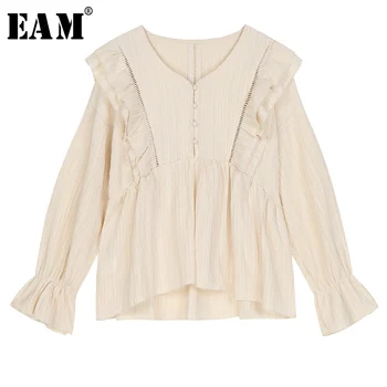 

[EAM] Women Ruffles Stitch Temperament Blouse New V-collar Long Sleeve Loose Fit Shirt Fashion Tide Spring Autumn 2020 1S142