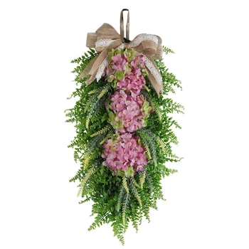 

Christmas Teardrop Swag Hydrangea Persian Grass Teardrop Swag with Ribbon Bows for Xmas Wall Window Decor