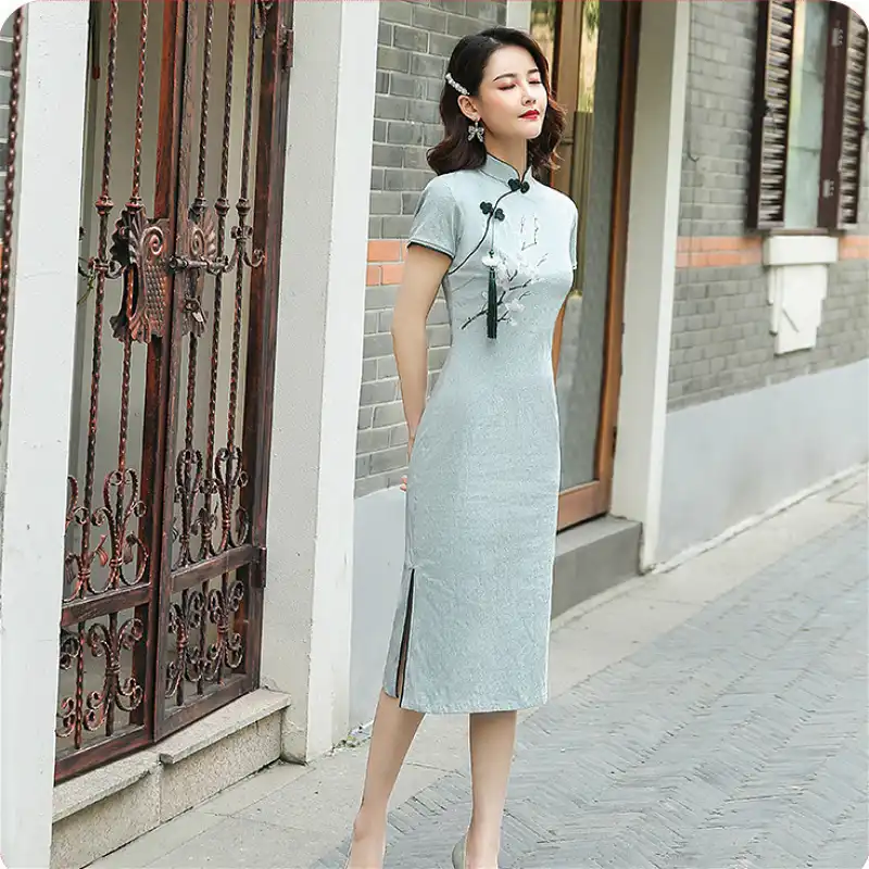 Women/'s Linen Cotton Cheongsam Qipao Dress 3//4 Sleeve Tunic Floral Chinese Style