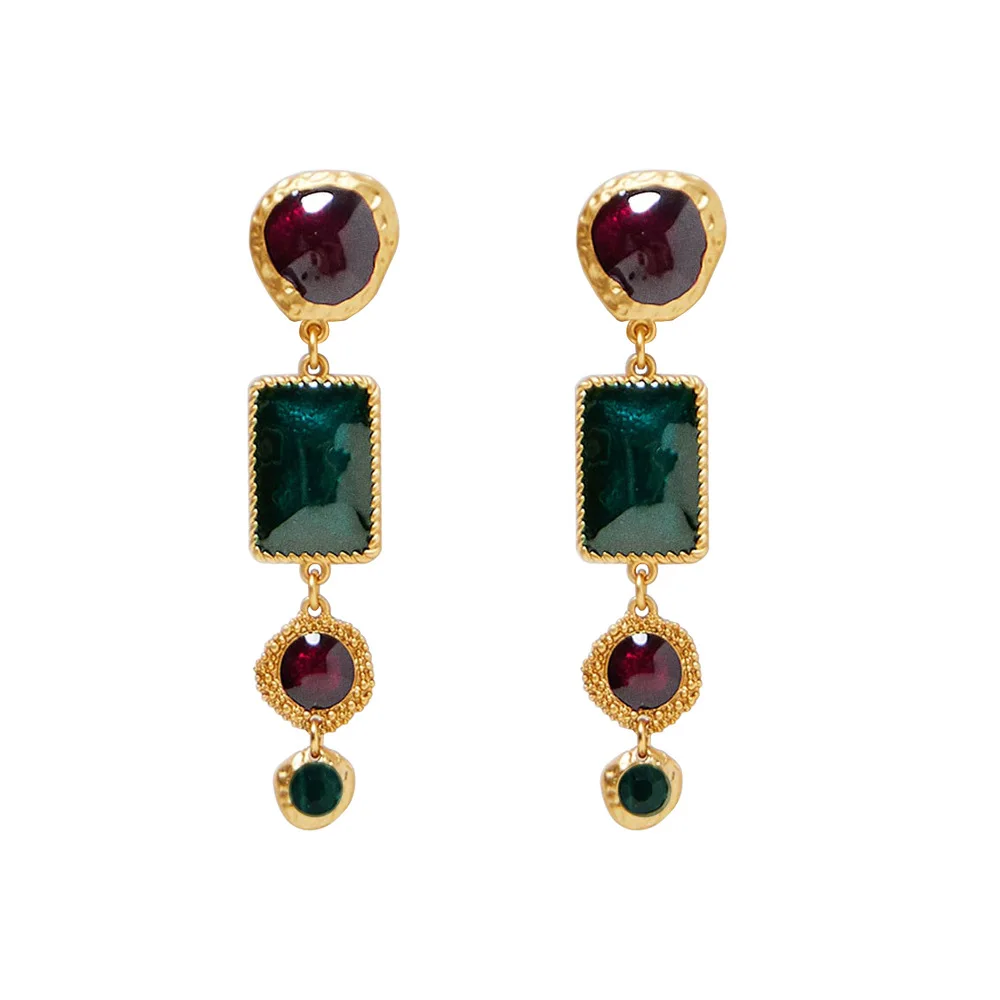 

New Arrival Vintage Simulated Mental Geometric Stud Earrings Women Long Crystal Statement Wholesale Factory Jewelry