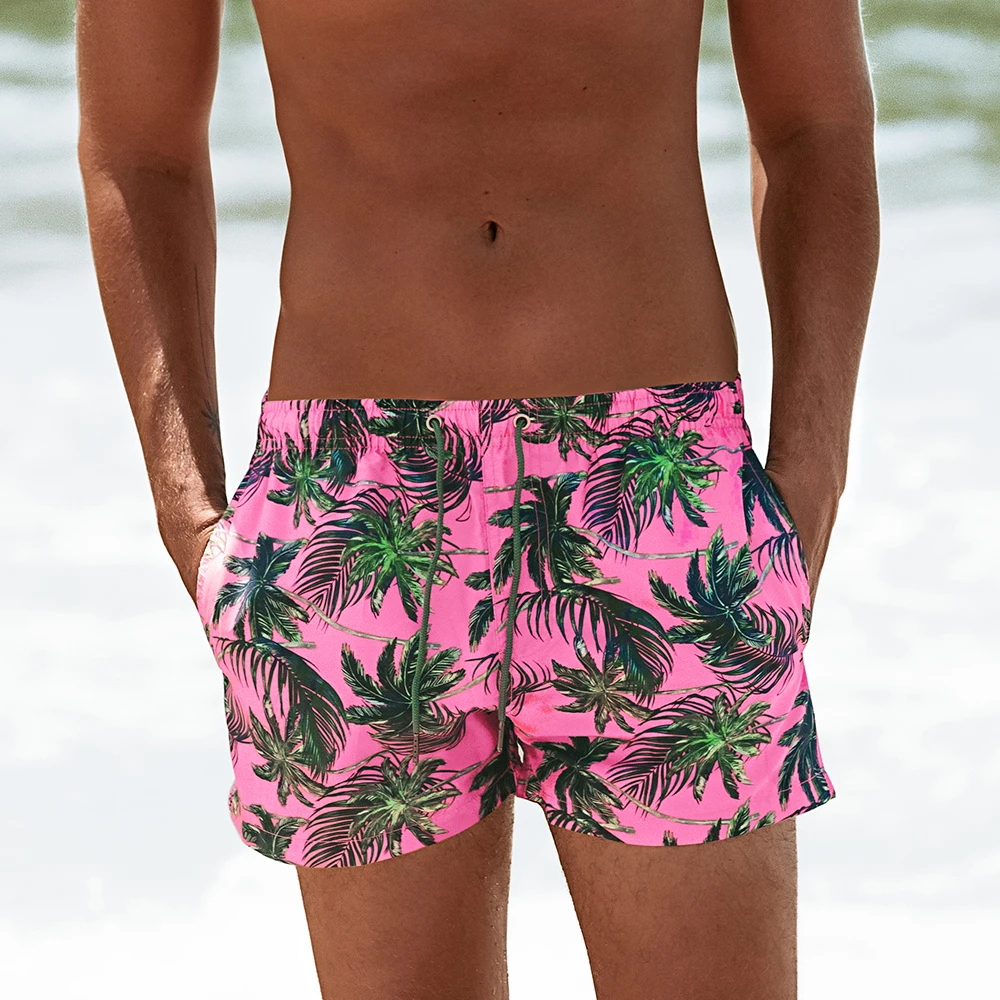Men Beach Shorts Under The Palm Trees Side Split Swim Trunks Drawstring Waist Board Shorts