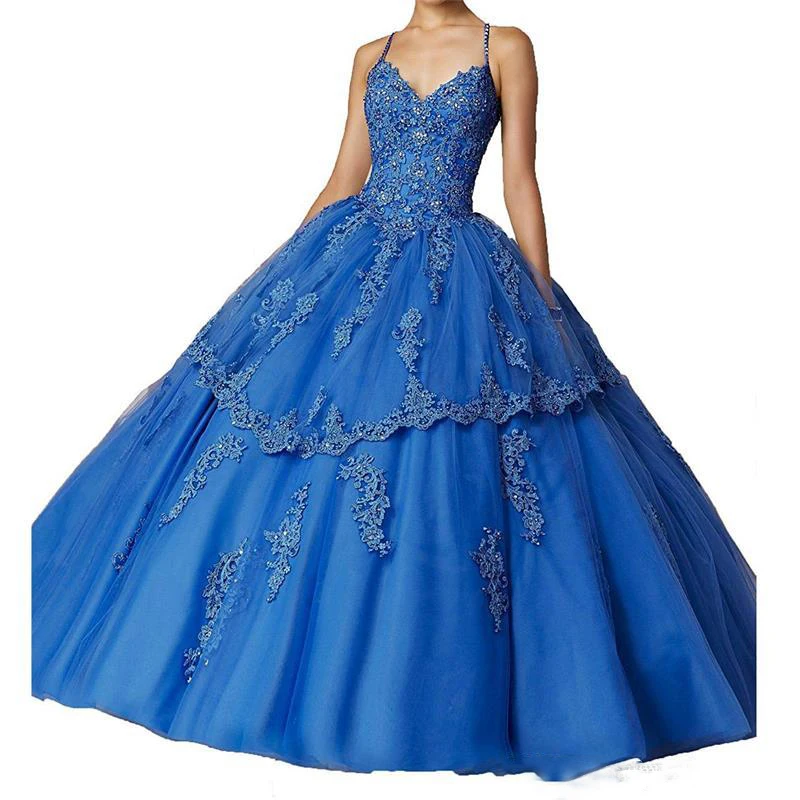 Пышное Дешевое милое бальное платье с кристаллами, расшитое бисером и блестками, Тюлевое кружевное платье с аппликацией, 16 платьев голубого цвета