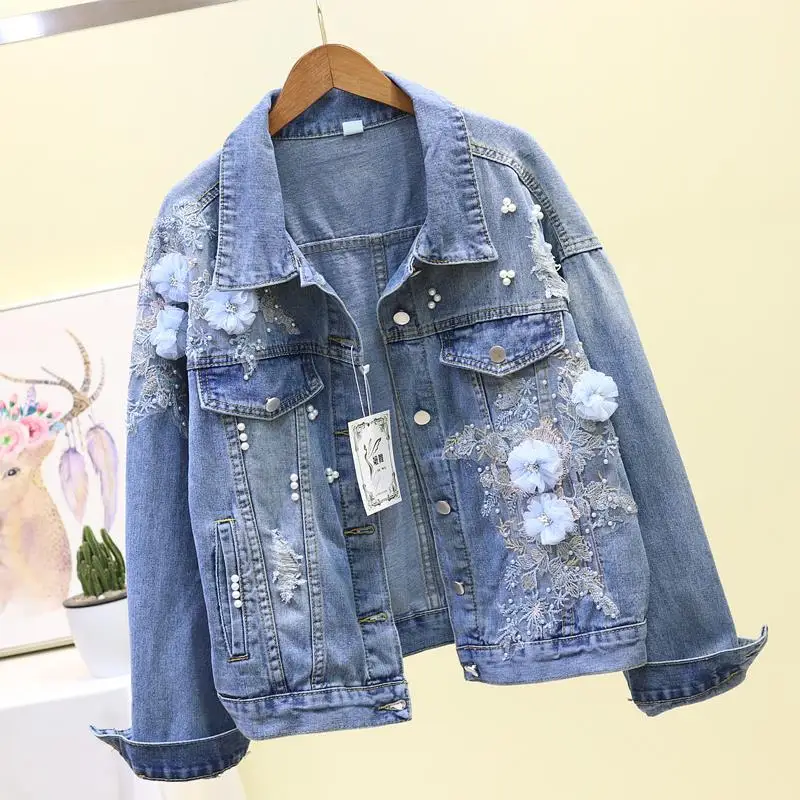 Veste en jean pour femmes, veste en jean, broderie florale tridimensionnelle, avec perles, trouée, vêtements d'extérieur pour bombardier, automne 2022, P778 ► Photo 2/6