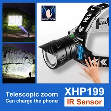 

Super XHP199 IR Sensor Powerful Headlamp High Power LED Headlight 18650 Usb Rechargeable Head Flashlight Zoom Fishing Head Torch
