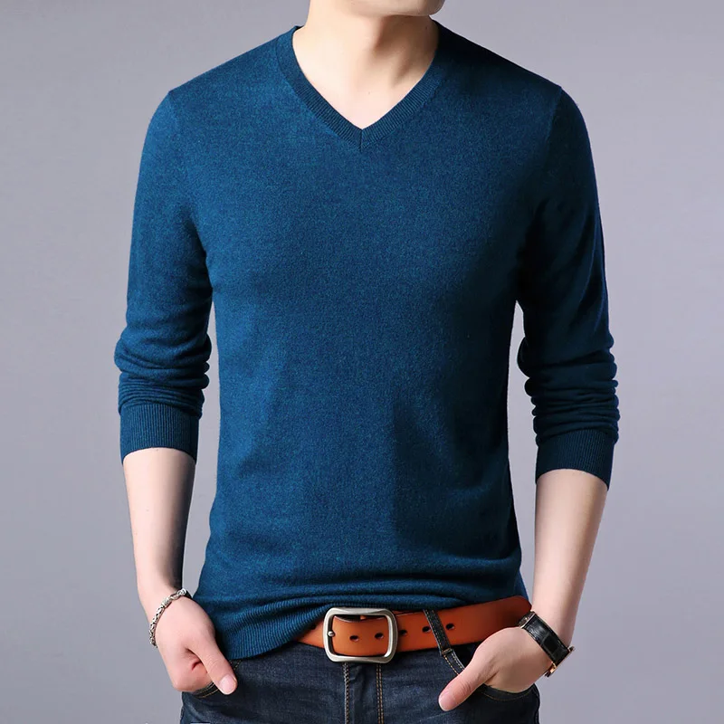 Шерстяной пуловер Свитера мужские с длинным рукавом повседневные деловые с v-образным вырезом Трикотажные мужские однотонные зимние свитера Мужская брендовая одежда - Цвет: Denim blue