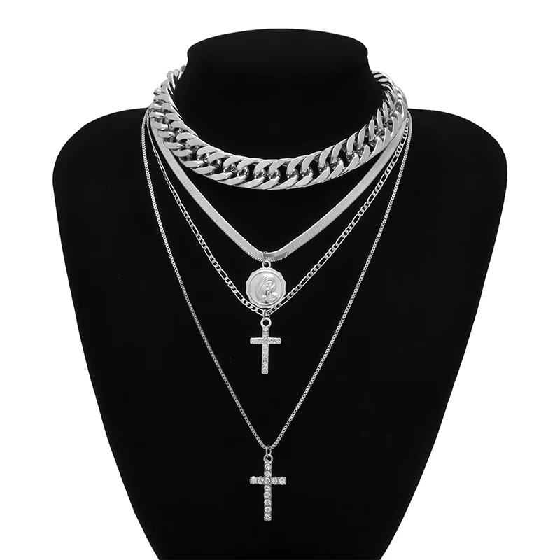 SHIXIN панк слоистые массивные ожерелья для женщин модная подвеска крест ожерелья заявление кубинские звенья цепи украшения на шею - Окраска металла: Silver Color
