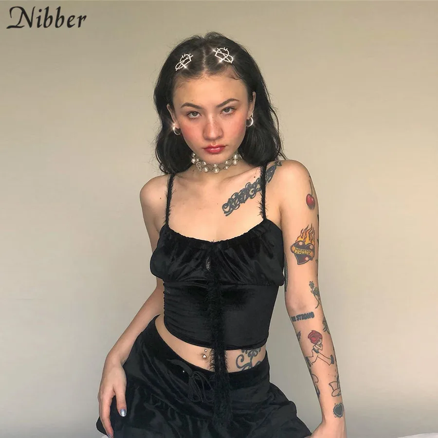 Nibber/пикантные черные фланелевые кроп-топы, camisole, женские,, Осенние, модные, вечерние, Клубные, ночные, эластичные, тонкие топы на бретелях, mujer