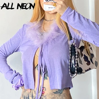 

ALLNeon E-girl 90s Streetwear Feather Neck Bandage Sleeveless Purple Tops Sweet Vintage Solid Lace up T-shirts Party Outfit Fall