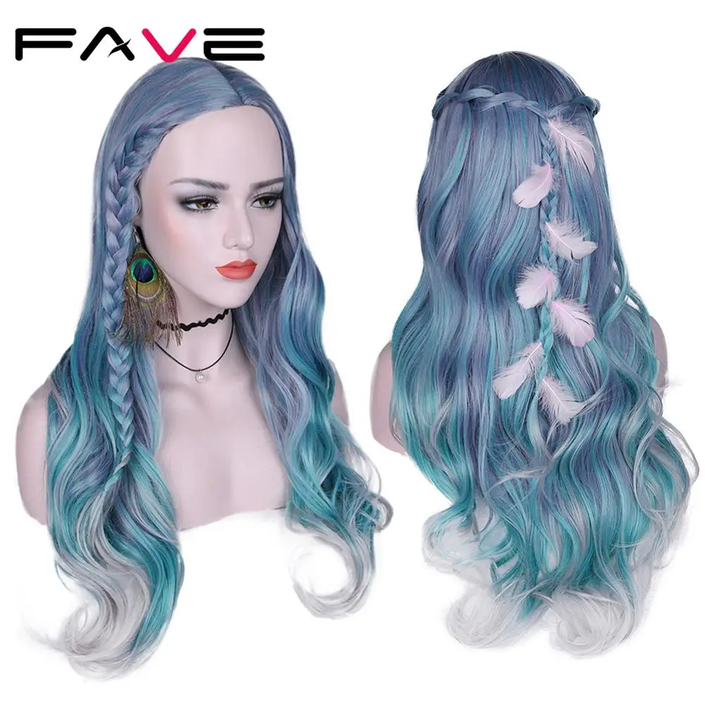 FAVE Long Wavy Hair Mixed Violet Blue Green Light Gray Heat Resistant Synthetic Wigs For Women Middle Part Halloween Party Wigs