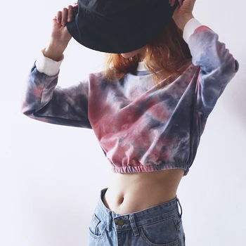 

Fashion Gradient Colored Short Sweatshirt Crop Top Long Sleeve Rainbow Tie-Dye Round Neck Elastic Hem Pullover Street wear