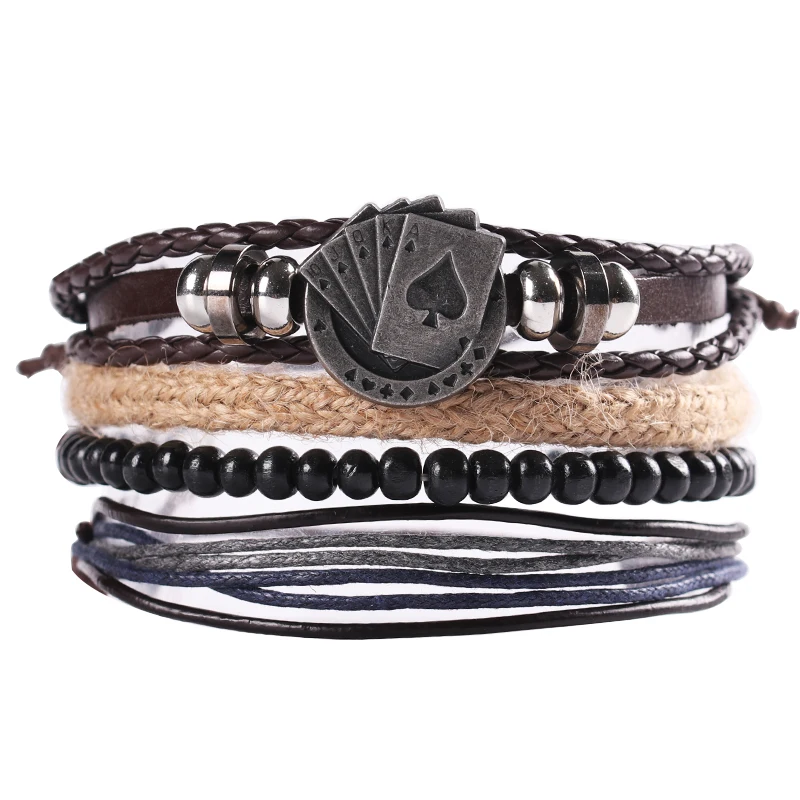 

Charm Bracelet Men's Bracelet Jewelry Gift Men's Leather Bracelet Poker Seal Retro Multi-layer Beaded Classic Hemp Rope Chain