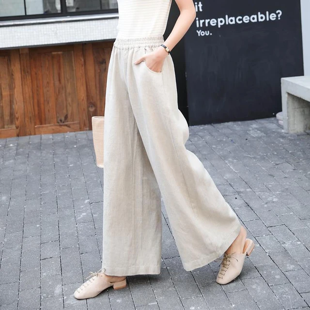 Cotton Linen Pants for Women Stacked Loose Vintage Solid Basic