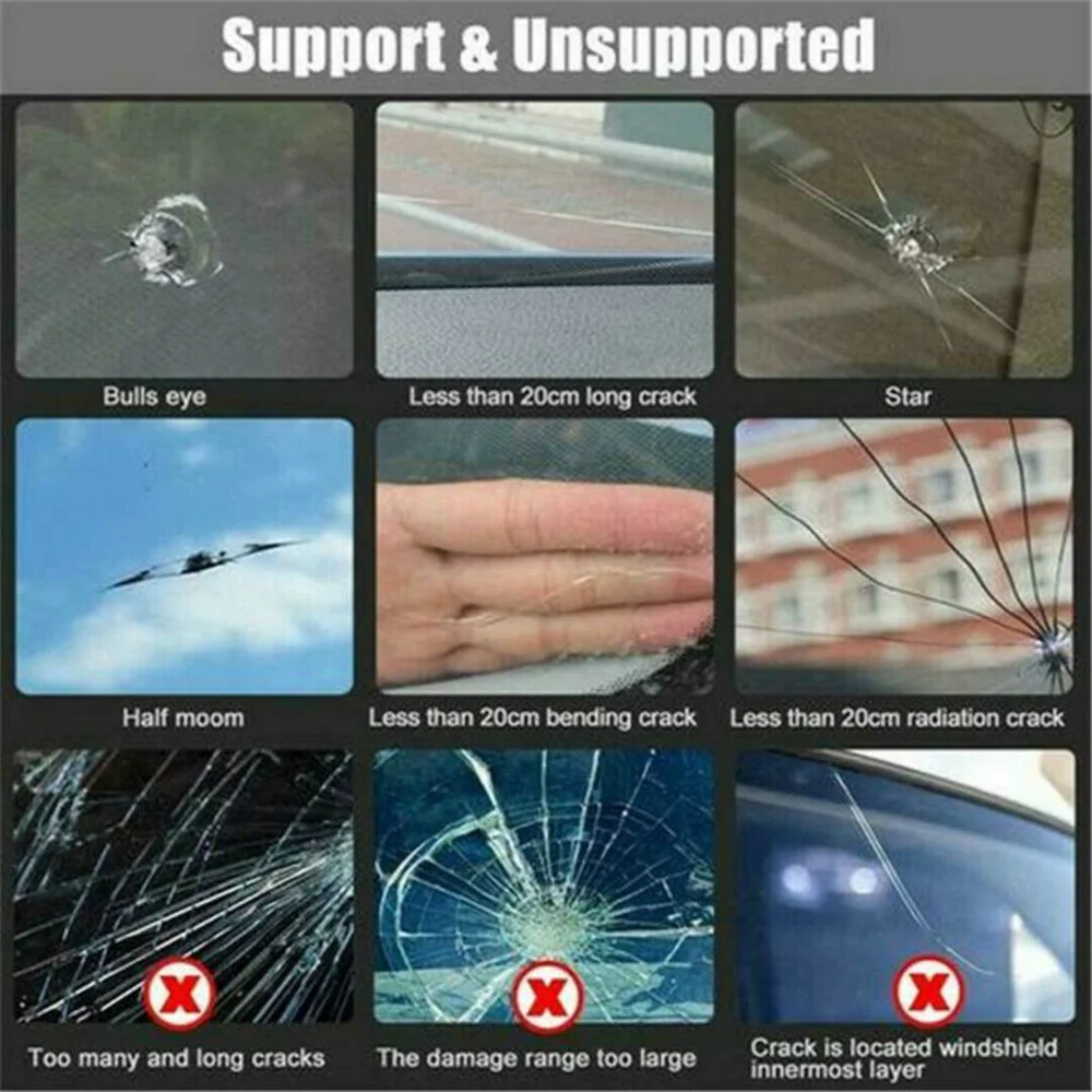 Набор инструментов для ремонта оконного стекла с трещинкой содержит 1 жидкость +