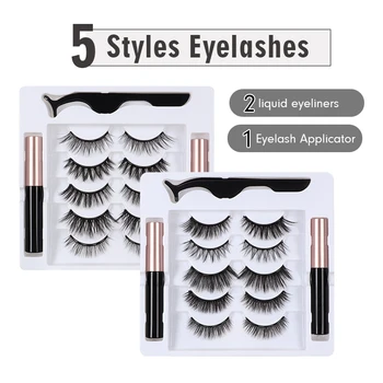 

5 Pairs Magnetic Eyelashes Waterproof Magnets Liquid Eyeliners&Tweezer 3D Faux Mink False Eyelash Set No glue Magnetic Lash Kit