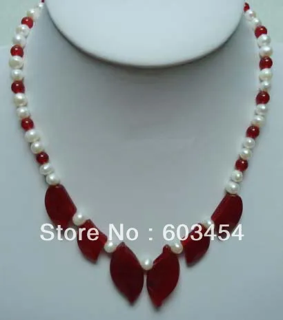 18 inches length Genuine White pearl red stone leaf pendant necklace / Free | Украшения и аксессуары