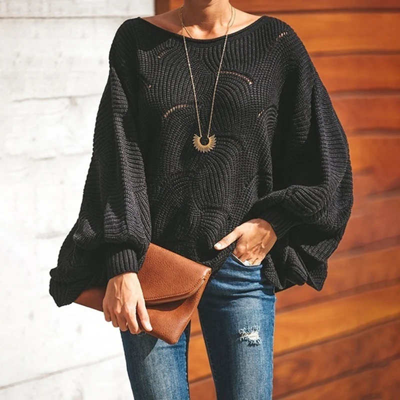 Модный женский вязаный свитер с рукавами «летучая мышь», однотонный пуловер с круглым вырезом и джемпер, свободный свитер