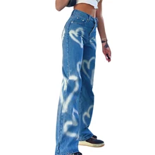 Women Heart Print Loose Jeans Casual Stylish High Waist Pants