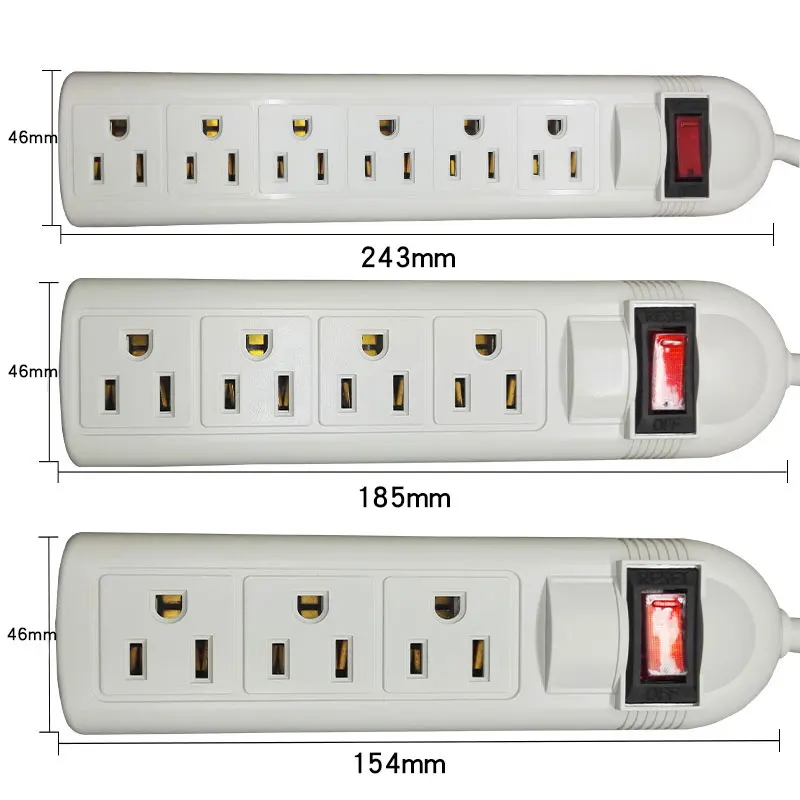 

US Plug 3 4 6 way electric AC Outlets Extension Socket Cord 1.8M Network filter With Switch Overload Protection UL Certification
