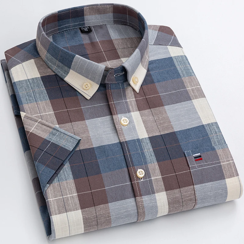 Plus Size 7XL 6XL Men's Summer Shirts Oxford Vertical Stripes Short Sleeve Standard-fit Loose Plaid Solid Soft Cotton Man Shirt 3