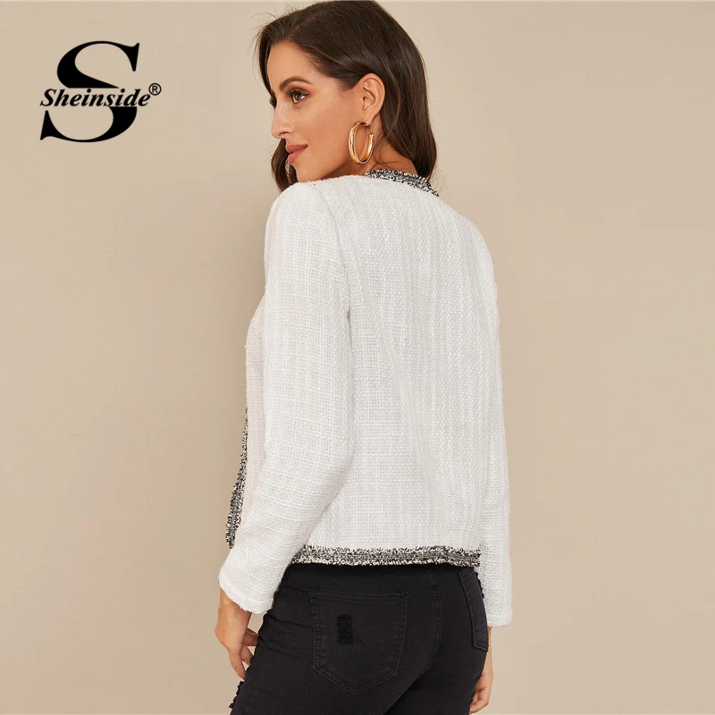 Finest Sheinside White Contrast Binding Tweed Jacket Women 2019 Autumn Elegant Workwear Outerwear Office L
