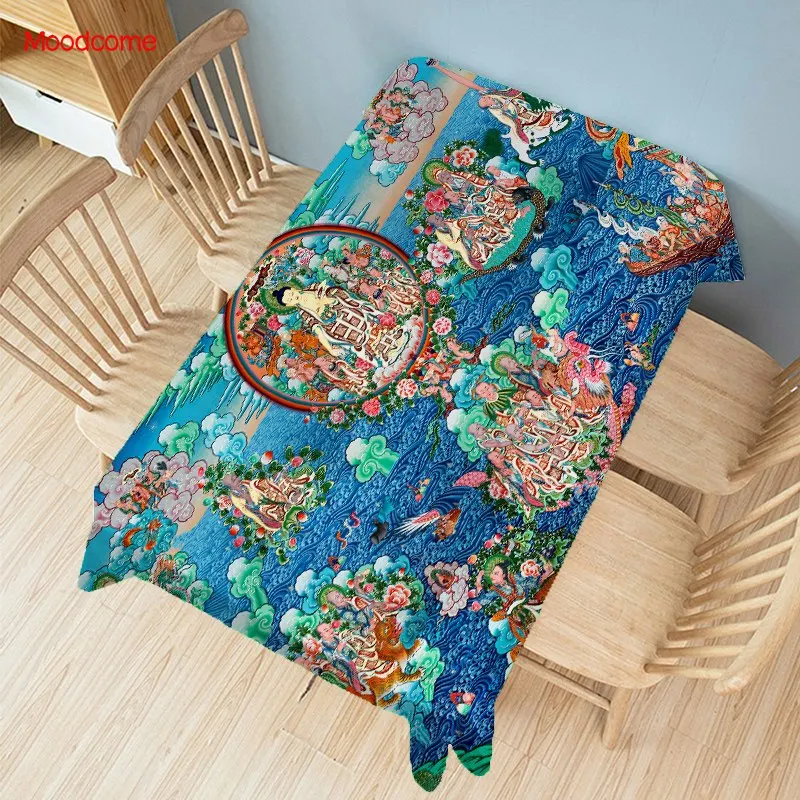 Blue Home Decorative Tangka Buddhism Art Sakyamuni Large Wall Tapestry Waterproof Cotton Linen Desk Cover Buddha Tablecloth | Дом и сад