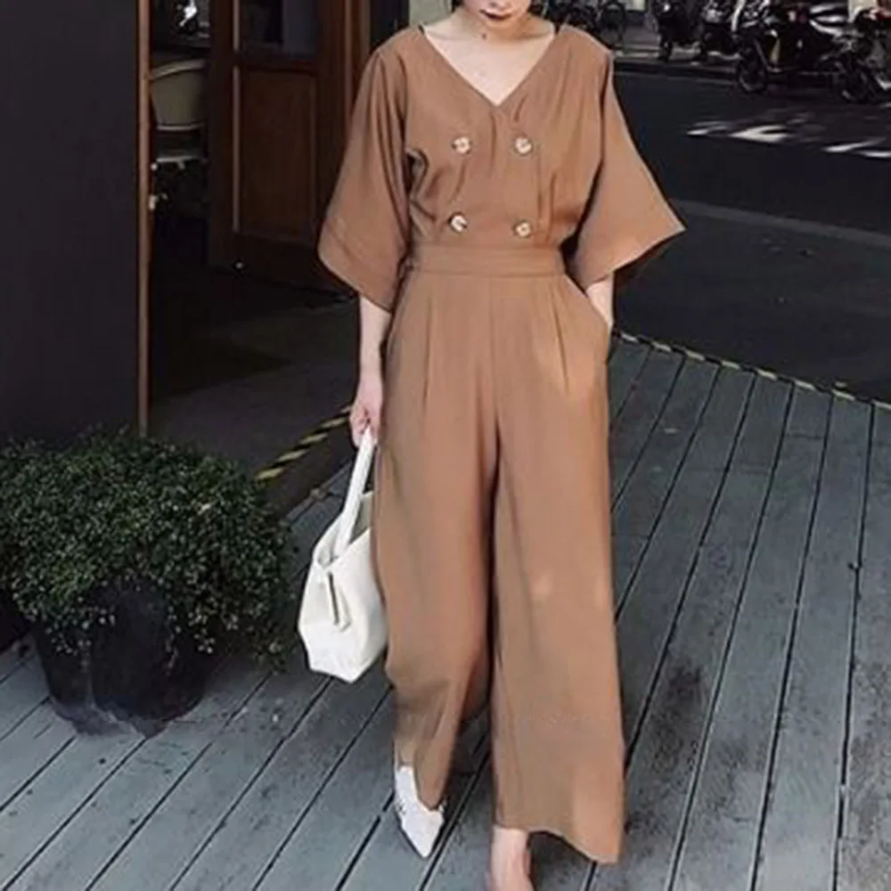 Женский однотонный комбинезон на пуговицах повседневные Длинные Комбинезоны до