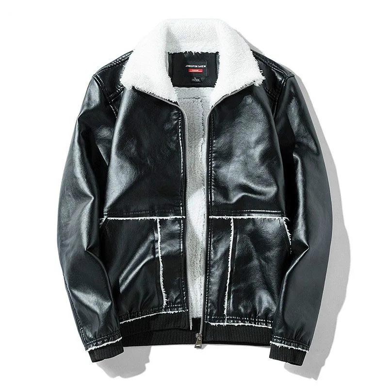 

Faux Leather Jacket Men Winter Thick Fleece PU Men Leather Jacket Solid Pockets Warm Chic Faux Leather Jacket Men