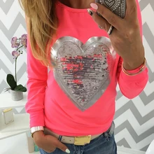 Женские толстовки с капюшоном, модная Женская толстовка с длинным рукавом, джемпер, милые расшитые блестками пуловеры с принтом в форме сердца, худи, женские спортивные костюмы, топы