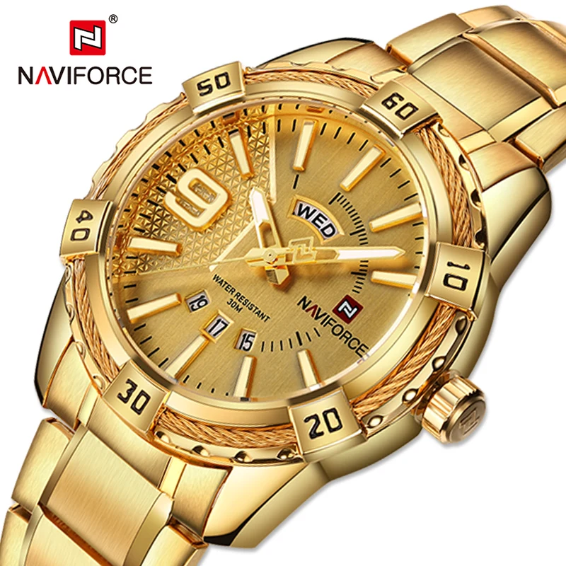 NAVIFORCE Luxury Brand Mens Sport Watch Gold Full Steel Quartz Watches Men Date Waterproof Military Clock Man relogio masculino