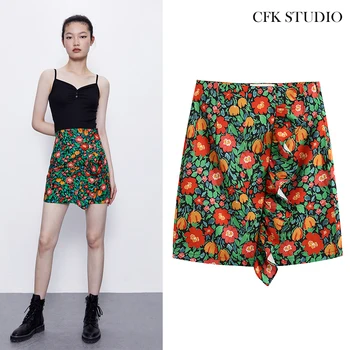 

ZA 2020 New Summer Women Sexy Miniskirt with High Waist Floral Print Ruffles Personality Green Holiday Skirt