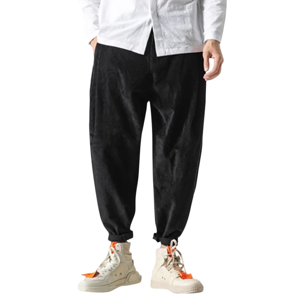 Мужские вельветовые шаровары осенние штаны в китайском стиле мужские однотонные черные спортивные штаны мужские свободные штаны оверсайз для мужчин - Цвет: Черный