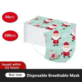 

50pcs Christmas Children's Disposable Face Mask 3 Layer Non-woven Printing Dustproof Haze Soft Breathable Outdooor Mouth Cover