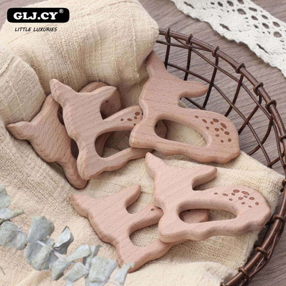 Beech Wooden Teethers Aniamls Sika Deer Wood FreeTeething Roe Bambi Baby Teether Rattle Diy Accessories 10pcs | Мать и ребенок