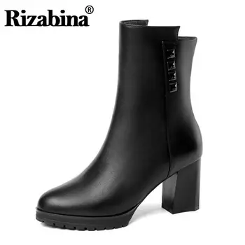 

RIZABINA Women Thigh High Heels Short Boots Real Leather Winter Shoes Women Round Toe Zipper Rivets Shoes Women Size 34-40