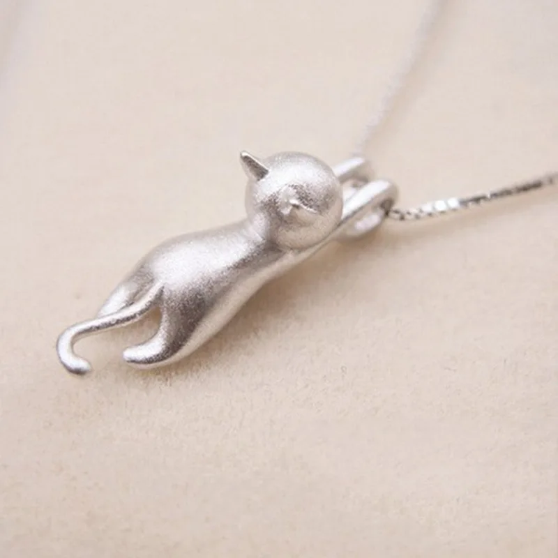 

S925 Fine Silver Small Animal Cat Necklace Women's Pendant/Celebrity Style Cat Ear Stud/Sweet Birthday Gift