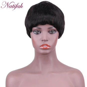 

Natifah 6inch Short Straight Hair with Bangs Synthetic Hair Lace Wigs Black Color Hair Extension Wigs for Women