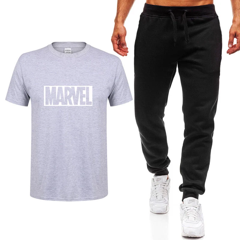 Новая модная летняя футболка с принтом Marvel мужская повседневная хлопковая футболка с короткими рукавами в стиле хип-хоп высокого качества+ штаны, костюм, одежда