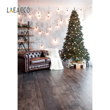 

Laeacco Christmas Backgrounds For Photography Tree Light Bulb Star Gift Sofa Wood Floor Baby Interior Photo Backdrop Photostudio