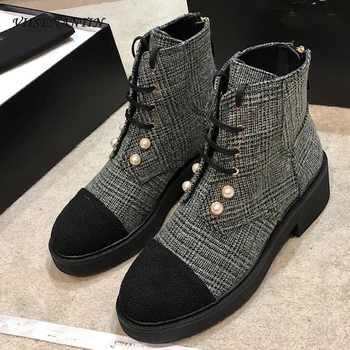 

Trendy Zapatos De Mujer Genuine Leather Ankle Stripe Designer Boots Pearl Crystal Metal Decoration Mid Heel Brand Platform Shoes