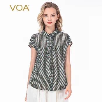

VOA printed silk fungus lace stitching bag shoulder short-sleeved single-row button light thin straight shirt women BX916