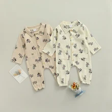 Newborn Baby Boys Girls Bear Print Jumpsuit Toddler Button-down Long Sleeve Lapel Romper with Pockets Spring Autumn Bodysuits