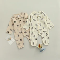 Combinaison pour nouveau né garçon et fille, barboteuse à revers à manches longues avec poches, imprimé ours, body pour tout petit, printemps automne 