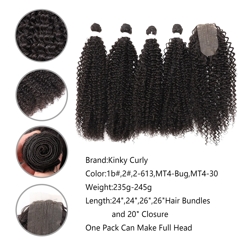 Kinky Curly Hair Bundles With Closure Synthetic Afro Curls Wave Soft Extensions Black Blonde 5PCS/Lot Full Head