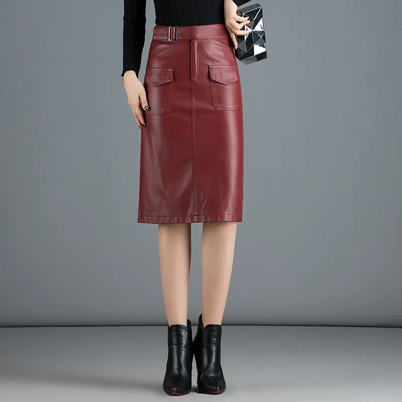 

High Waisted Red PU Leather Bodycon Skirt Women Autumn Winter Fashion Elegant Slim Casual Ladies Knee-length Pencil Skirts